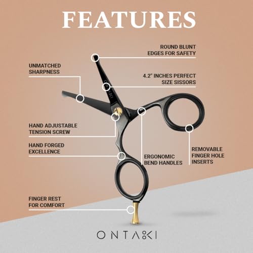 Ontaki Beard and Mustache Scissors For Men - 4.2-inch, Black, 420C Japanese Steel, Multipurpose Round Edges - Mens Grooming Scissors for Styling - Beard Trimming Kit for All Hair Types