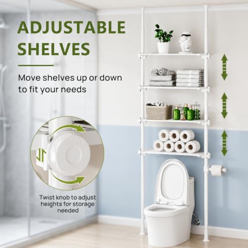 ALLZONE White Tension Mount Over The Toilet Storage Shelf – No-Drill, Slim Design