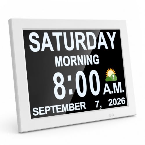 White 12-Inch Digital Calendar Day Clock for Seniors with Auto-Dimming & 12 Alarms