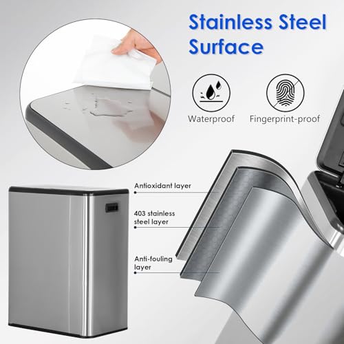 Stainless Steel Trash Can with Lid 16G (2x8G) - Fingerprint-Proof, Quiet Close, Odor Control - Variation: Stainless Steel / 8G x 2