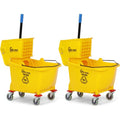 2-Pack 35 Quart Commercial Mop Buckets with Wringer and Sign - Yellow