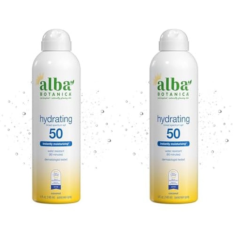Alba Botanica Sunscreen Spray for Face and Body, Broad Spectrum SPF 50 Sunscreen, Hawaiian Coconut, Water Resistant and Biodegradable, 5 fl. oz. Bottle (Pack of 2)