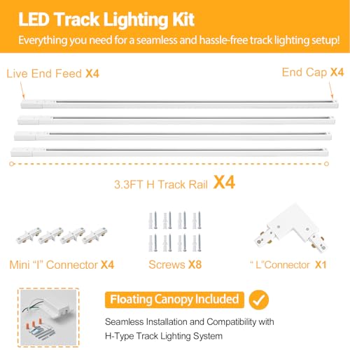 13FT H Track Lighting Rails Kit with Canopy Connectors for Adjustable Home Lighting