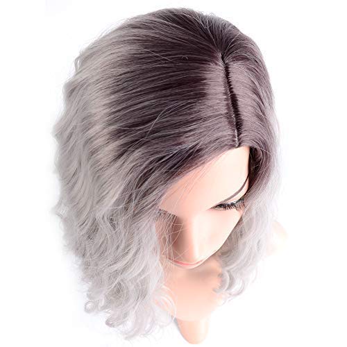 FAELBATY 14-Inch Short Curly Bob Wig Ombre Purple Grey for Women & Cosplay