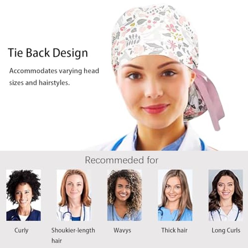 8Pcs Satin Lined Scrub Caps Women, Surgical Caps for Women, Adjustable Scrub Hats Womens Ponytail with Button and Sweatband, Nurse Cap for Unisex, Working Cap, Elastic Ponytail Pouch Tie Back