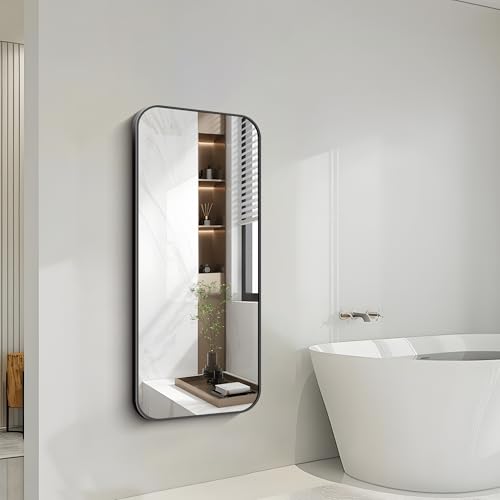 Black Bathroom Mirror 20x48 Inches Rectangle Wall Mount with Aluminum Frame – Rounded Corner Design