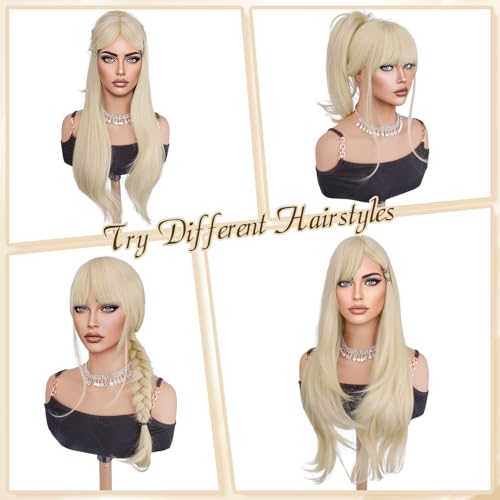 Haloo Platinum Blonde Wigs with Bangs - 26 Inch Long Wavy Synthetic Hair for Women