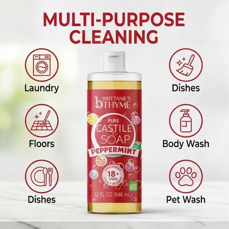 Brittanie's Pure Castile Liquid Soap Peppermint 64 Fl Oz - Nourishing Hand Wash with Organic Olive & Coconut Oil