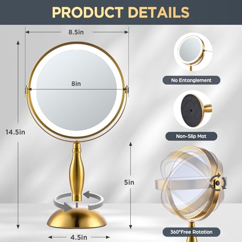 DASLAVA Gold 30X Magnifying Makeup Mirror with Lights, Rotatable & Rechargeable