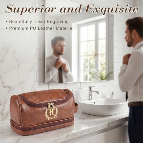 Personalized Leather Toiletry Bag for Men with Initial J - Travel & Gift Ready, Brown