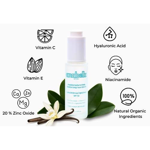 Natural Mineral & Invisible Moisturizing Serum with SPF 50 Lightweight Non-Greasy with Hyaluronic Acid Niacinamide Vitamin C Vitamin E & Non-Nano Zinc-Oxide
