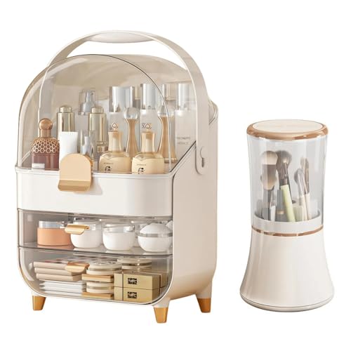 White Makeup Organizer for Vanity with Drawers & Rotating Brush Holder - Skincare Storage Case