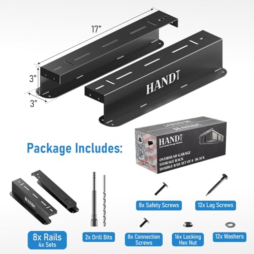 HANDT 6 Bins Garage Ceiling Storage Rack - Heavy Duty Overhead Shelving System, Connectable Metal Rails, Supports Up To 100 Lb, Black