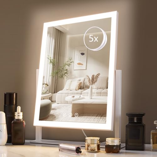 HIEEY Lighted Makeup Mirror, 17.3" x 13" Hollywood Vanity Mirror with Lights, Three Color Lighting Modes, and 5X Magnification Mirror, Smart Touch Control, 360¡ÆRotation (White,Gift Box)
