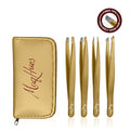 Matte Gold Eyebrow Tweezers Set - 4 Pcs with Fiber Tips for Women