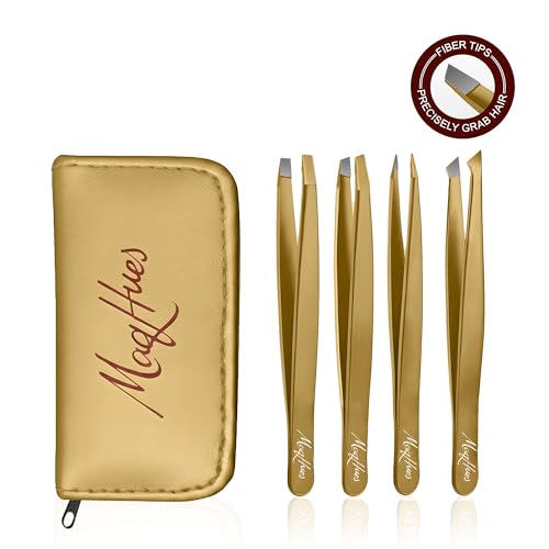 Matte Gold Eyebrow Tweezers Set - 4 Pcs with Fiber Tips for Women