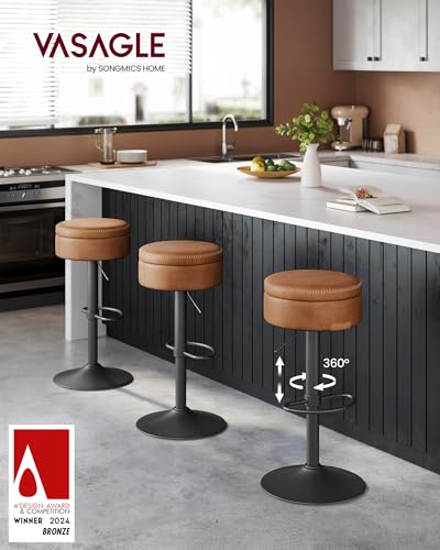 Adjustable Bar Stool with Storage - 360° Swivel, Height Adjustable, Caramel Brown