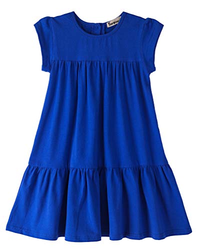 Girls Short Sleeve Solid Color Tiered Swing Dress - Blue, 8 Years