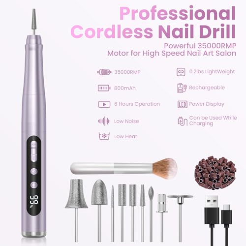 Cordless Nail Drill with LCD Display - 35000RPM Rechargeable Manicure & Pedicure Tool - Purple