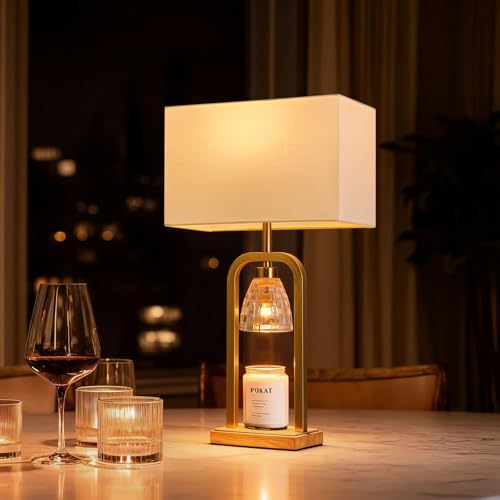PoKat 2-in-1 Gold Table Lamp with Candle Warmer & Dimmer - Brushed Wood Finish