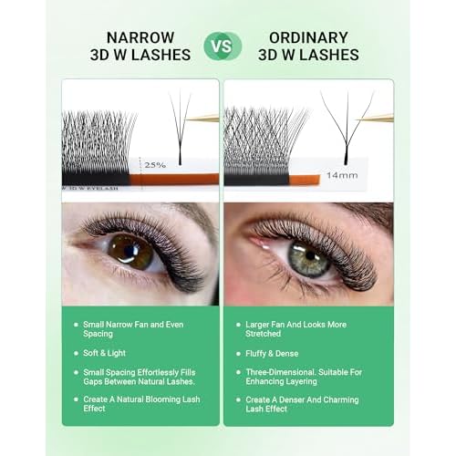 NAGARAKU Narrow 3D W Eyelash Extension, Small Spacing 3D Clover Lash Supplies Natural Soft Premade Fans PBT Cluster W Shape Lash Easy Fanning yy False Lashes Makeup Solon Matte Black - 0.07D 8-15 Mix