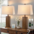 Walnut Wood Table Lamps Set of 2 with USB-C Ports, 2700K-5000K Bulb, Beig e Linen Shade