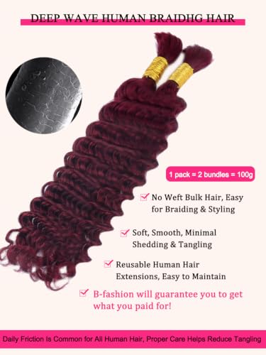 B-fashion Burgundy Human Braiding Hair Extensions 16 Inch Bulk Bundles for Boho & Knotless Braids
