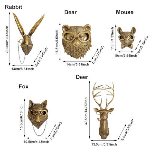 GUASDIE 5PCS Animal Heads Wall Decor Set, Gold Faux Deer & Rabbit Sculptures
