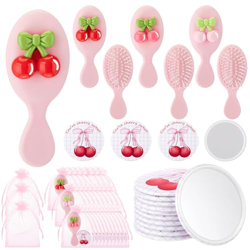 Pink Cherry Bow Compact Mirror & Hair Brush Set - Party Favor Gift, Variation of Pink / Cherry Bow