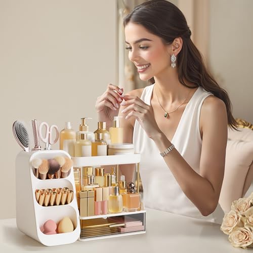 White 3-Tier Bathroom Organizer with Brush Holder for Vanity & Counter - HBlife
