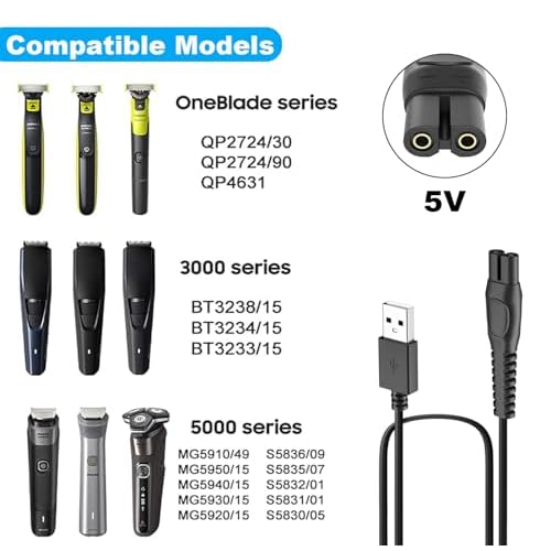 Charger Cord for Philips Norelco Series Shaver 2400-X3001 QP2724 QP2834 QP1924 MG5910 MG7910 MG9510 MG9520 S3243 S5880 S7885 X5006, One Blade Power Cord (Fit New Version One Blade)