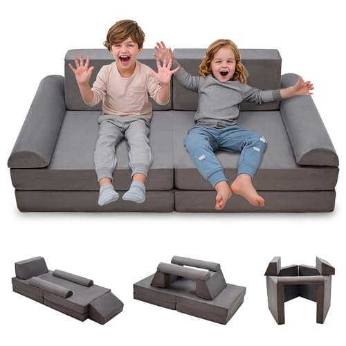Grey 8-Piece Modular Kids Play Couch Convertible Foam Sofa Washable Cover