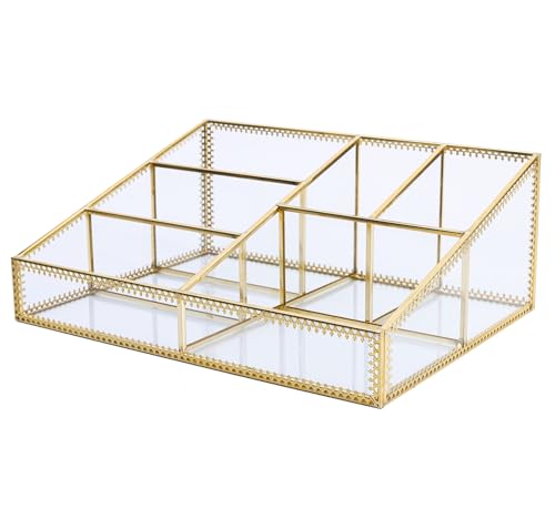 Gold Large Glass Makeup Organizer - 6 Compartments Vanity & Countertop Storage