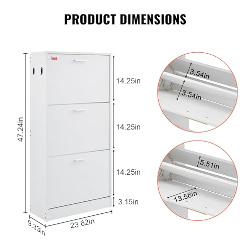 Wooden Shoe Cabinet with 3 Flip Drawers and Side Hooks, 9.33”D x 23.62”W x 47.24”H Entryway Storage Solution
