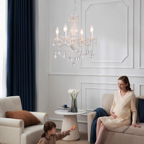 AMZASA Plug-in White Crystal Chandelier 4-Light Pendant Light for Kitchen & Dining – Adjustable Height, Easy Assembly