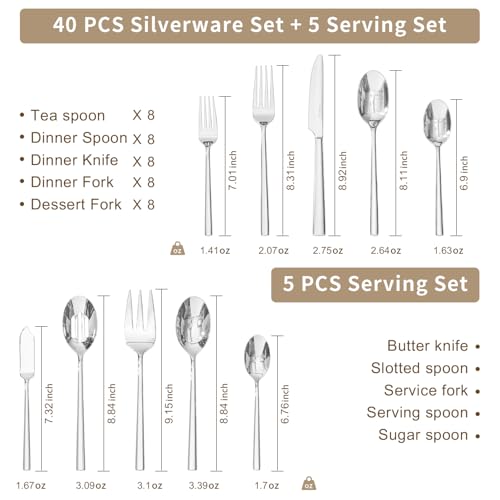 45-Piece Silverware Set with Serving Utensils - Forged Flatware Cutlery, Silver Variation