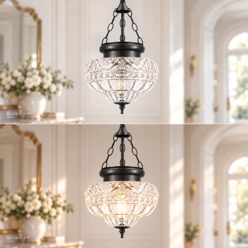 Vintage Matte Black Pendant Light Fixture with Thickened Pattern Glass - 9.5in, Adjustable Chain