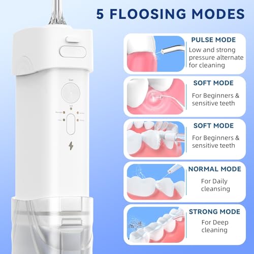 White Portable Cordless Water Flosser with 5 Modes, Travel Size, IPX7 Waterproof, 200ML, Rechargeable