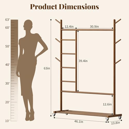 Walnut Wooden Clothing Rack 4-in-1 with Wheels - Heavy Duty & Portable