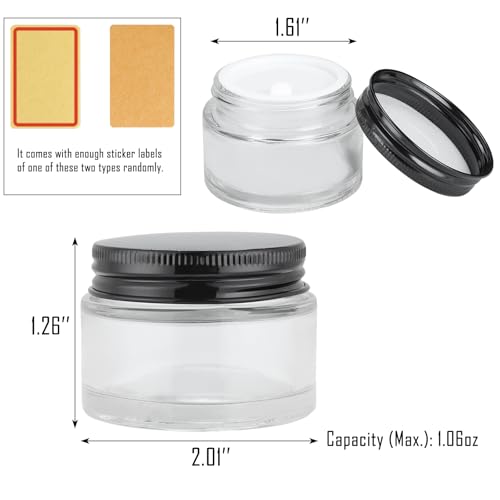 24 Pack 1oz Clear Glass Cosmetic Jars with Black Metal Lids & Inner Liners - Travel Lotion Containers