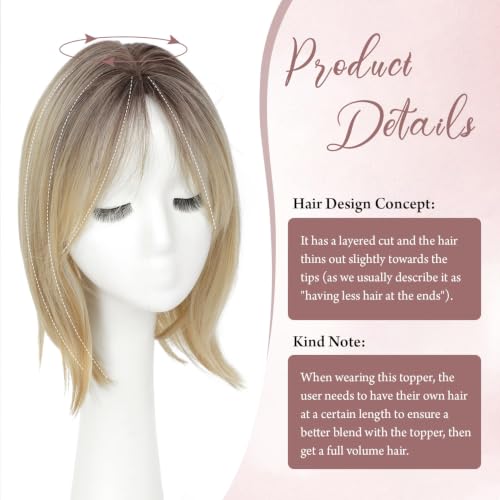 12 Inch Blonde Hair Topper for Women with Dark Roots - Large Base Wiglet for Thinning Hair