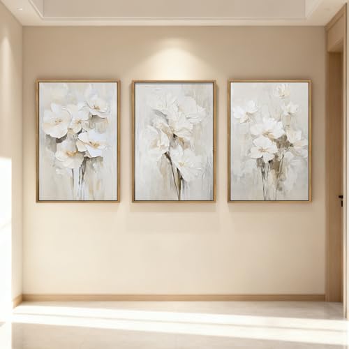 Neutral Floral Wall Art Set of 3 - 16x24 Inch Canvas Wall Decor for Living Room & Bedroom - Variation: 24L x 16W