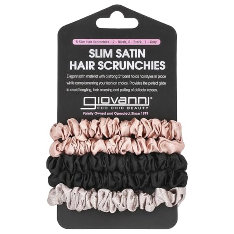 GIOVANNI Slim Satin Hair Scrunchies - Silk Hair Ties, Small Silk Scrunchies for Hair, Satin Hair Ties, Silk Skinny Scrunchies, For Healthy-Looking Hair & Skin - Scrunchie Pack of 5