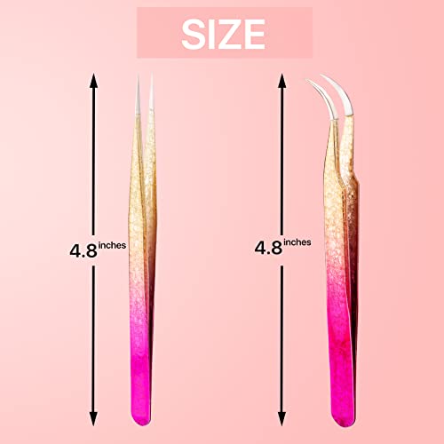 Straight and Curved Pointed Tweezers for Eyelash Extension, 2 PCS Lash Tweezer Set, Stainless Steel Professional Eyelash Extension Tweezers for Volume, Isolation and Classic Lashes