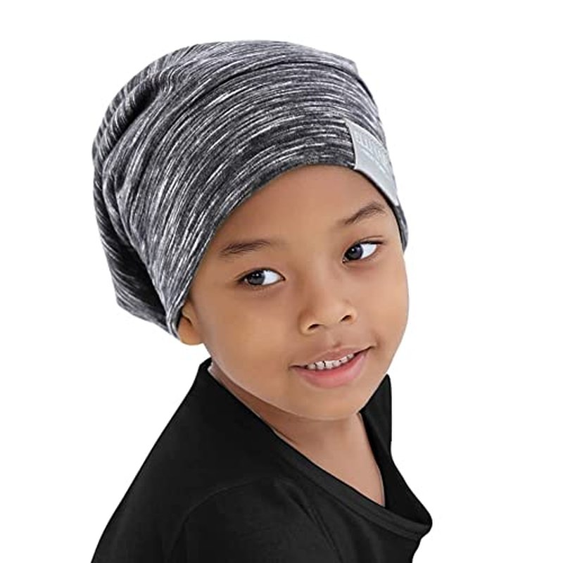 Kids Beanie Sleep Hats Bonnet for Night Sleeping Cap Silky Lined Satin Bonnet with Adjustable Elastic Band for Teens Toddler Child Natural Curly Frizzy Hair Cover(Grey Pale)