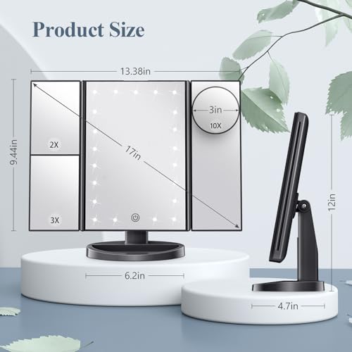 HUONUL Lighted Trifold Makeup Mirror with 2X/3X/10X Magnification - Black