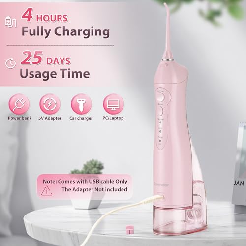 Pink Cordless Water Flosser with 3 Modes, 1400-2000 Pulses, 300ml Tank