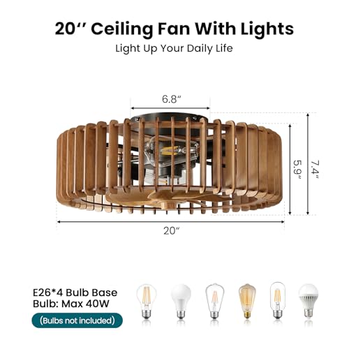 Wooden Flush Mount Ceiling Fan with Light and Remote - Farmhouse Style, Light Wood Variations