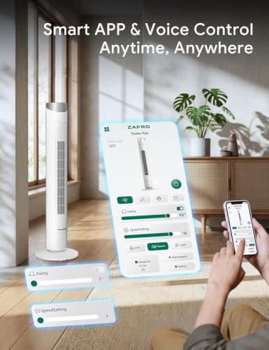 White 42-Inch Smart Tower Fan with DC Motor, App & Voice Control