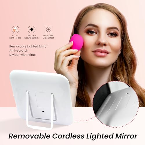 Travel Makeup Bag with Mirror Cosmetic Bag Makeup Artist Bag, 3 Color Scenarios Adjustable Brightness, Makeup Train Case Cosmetic Storage Gift for Daughter Wife Friend Pink